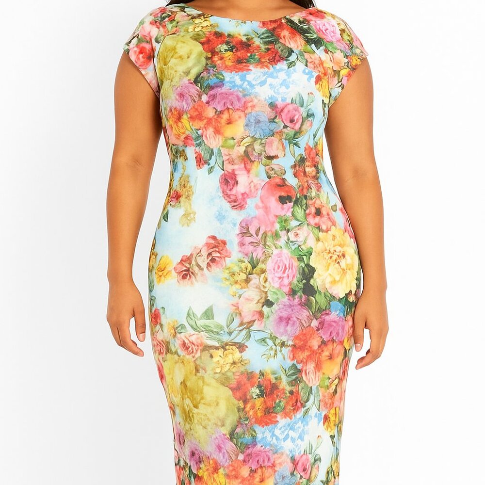 Beige by eci Floral Fitted Dress Women's Size 8 Stretchy Office Workwear Spring